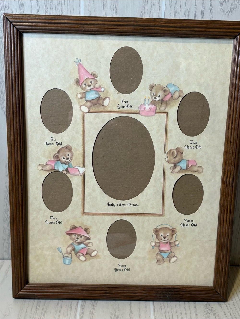 Vintage Baby First Years Collage Picture Frame Teddy Bear Milestones 11x14 Wood